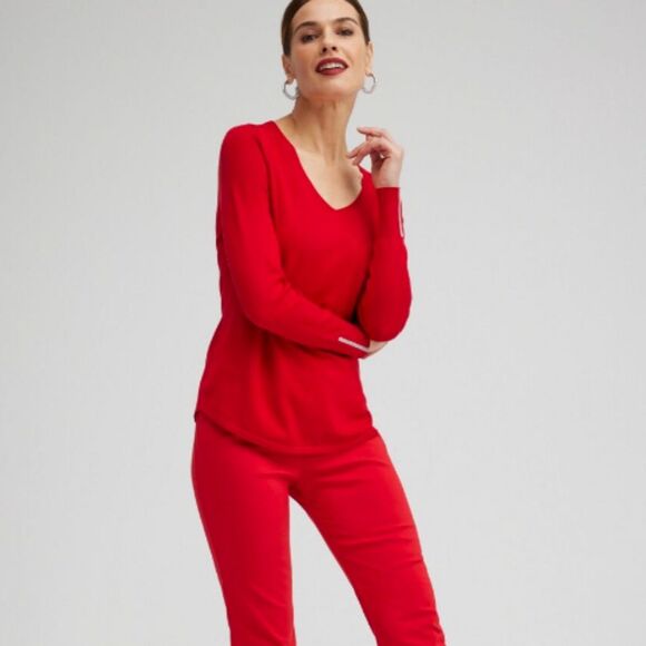 Chico’s V-Neck Sweater Women's Large Tunic Top Longline Red Knit Holiday Festive - Picture 9 of 12
